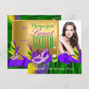 Invitación Máscara de disfraz Sweet 16 Púrpura Verde Dorado M