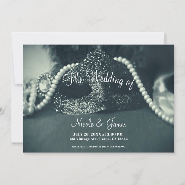 Invitación Máscara de disfraz verde vintage perlas boda (Anverso)