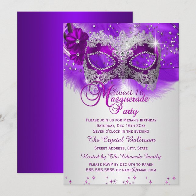 Invitación Máscara de encaje Morado Plata Mascarada Dulce 16 (Anverso / Reverso)