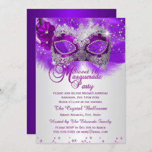 Invitación Máscara de encaje Morado Plata Mascarada Dulce 16