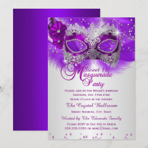 Invitación Máscara de encaje púrpura plata Mascarada Sweet 16