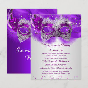 Invitación Máscara de encaje Sweet 16 Púrpura Plateado Mascar
