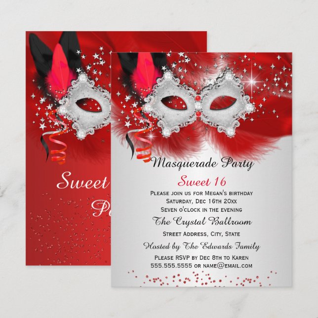 Invitación Máscara de encaje Sweet 16 Rojo Plata Mascarada (Anverso / Reverso)