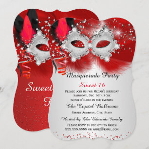 Invitación Máscara de encaje Sweet 16 Rojo Plata Mascarada