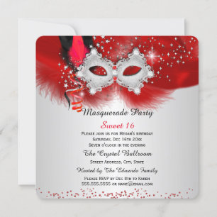 Invitación Máscara de encaje Sweet 16 Rojo Plata Mascarada