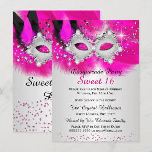 Invitación Máscara de encaje Sweet 16 Rosa plateado Carnaval