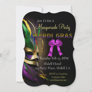 Invitación Máscara de Feathered Mardi Gras Fiesta