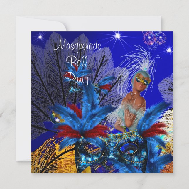 Invitación Máscara de Fiesta de Baile de Máscaras Azul Amaril (Anverso)