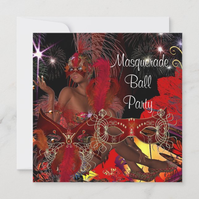 Invitación Máscara de Fiesta de Baile de Máscaras Negra Roja  (Anverso)