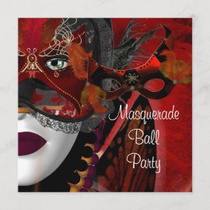Invitación Máscara de Fiesta de Baile de Máscaras Negra Roja