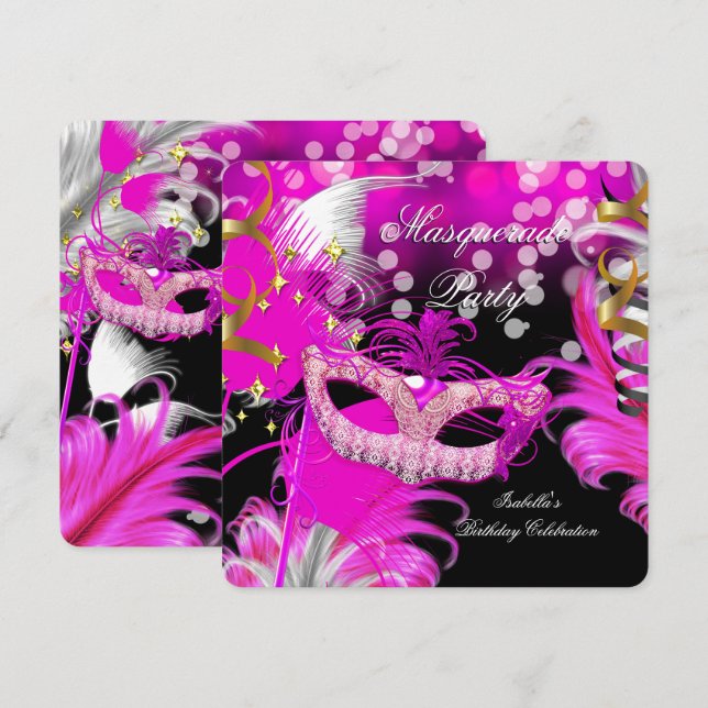 Invitación Máscara de Fiesta de Cumpleaños de Disfraz Rosa Ca (Anverso / Reverso)