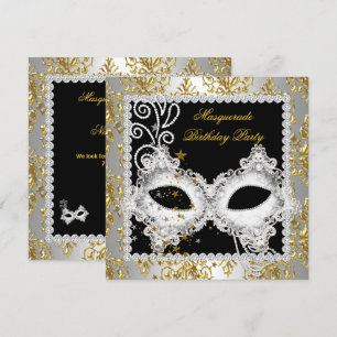 Invitación Máscara de fiesta de damasco plateado y dorado Más