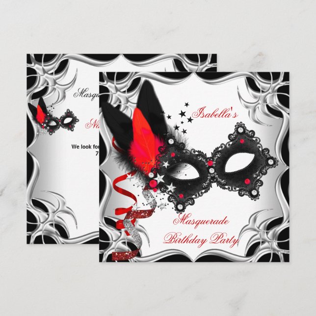 Invitación Máscara de fiesta de disfraces Rojo Plata Negro (Anverso / Reverso)