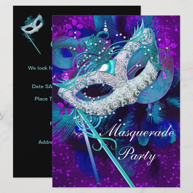Invitación Máscara de Fiesta de Disfraz Baile Azul Teal Purpu (Anverso / Reverso)