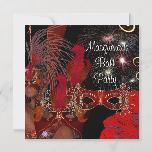 Invitación Máscara de Fiesta de Disfraz de Baile Negro Rojo S (Anverso)