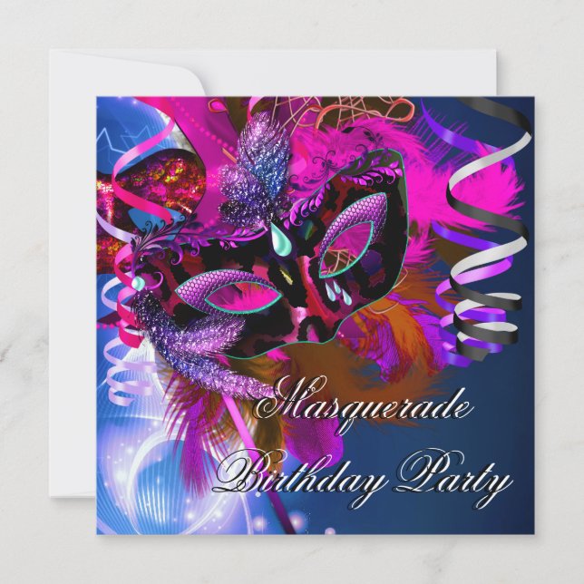 Invitación Máscara de fiesta de disfraz de cumpleaños azul ro (Anverso)
