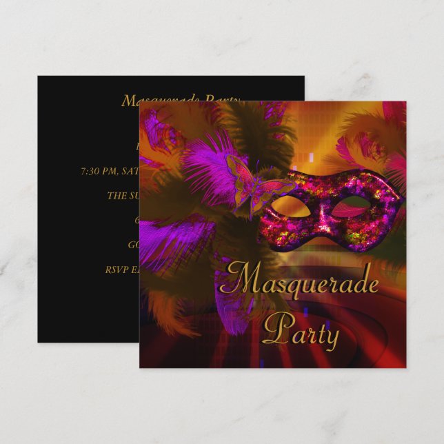 Invitación Máscara de Fiesta de Disfraz de Negro Púrpura Rojo (Anverso / Reverso)