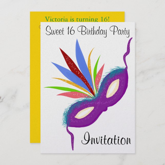 Invitación Máscara de fiesta de disfraz de Sweet 16 púrpura (Anverso / Reverso)