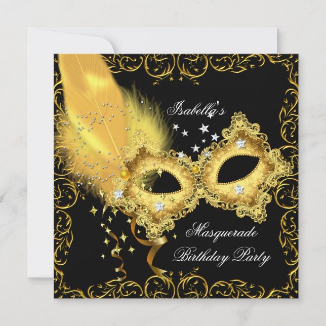 Invitación Máscara de fiesta de disfraz dorado negro amarillo (Anverso)