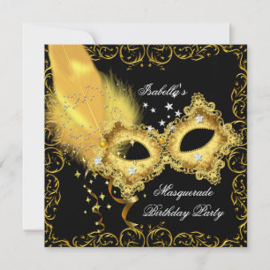Invitación Máscara de fiesta de disfraz dorado negro amarillo