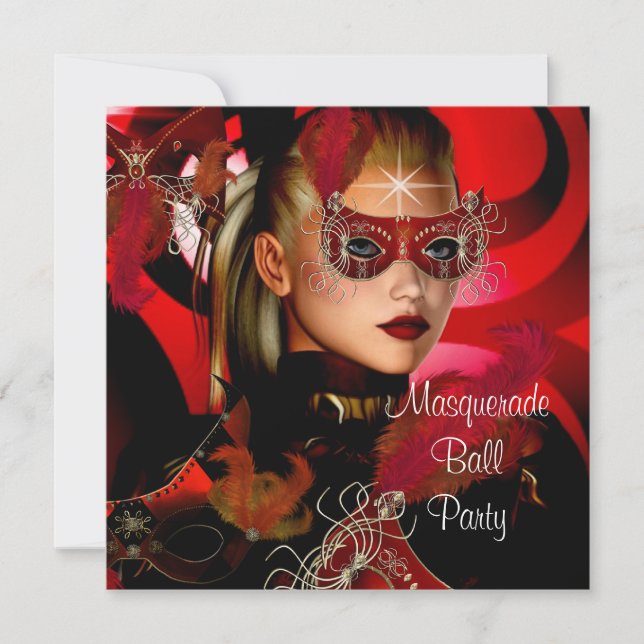 Invitación Máscara de fiesta de disfraz negro rojo chica 3 (Anverso)