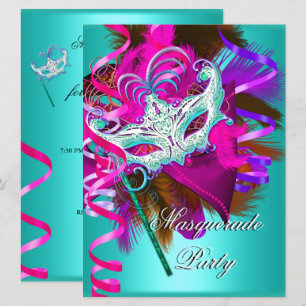 Invitación Máscara de Fiesta de Disfraz Teal Rosa Metálico