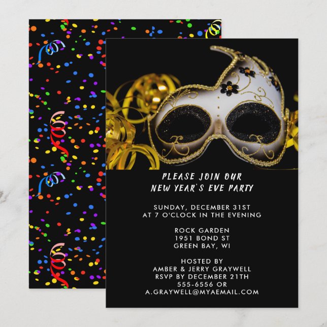 Invitación Máscara de Fiesta de Nochevieja y Confetti, ZRP (Anverso / Reverso)