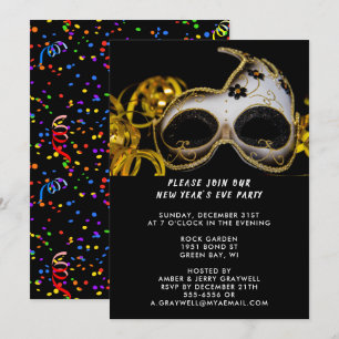 Invitación Máscara de Fiesta de Nochevieja y Confetti, ZRP
