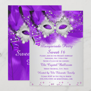 Invitación Máscara de Fiesta Sweet 16 Purpura Plateado Mascar