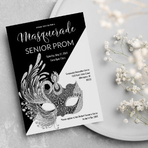 Invitación Máscara de Gala Negro Blanco Plateado Brillante