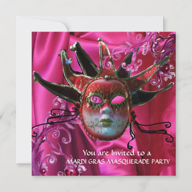 Invitación MÁSCARA DE JESTER DE FUCHSIA ROJA NEGRA, bola de m (Anverso)
