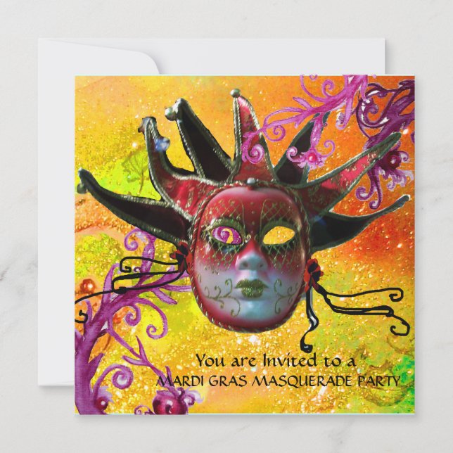 Invitación MÁSCARA DE JESTER NEGRO Y ROJO, Fiesta de Mascarad (Anverso)