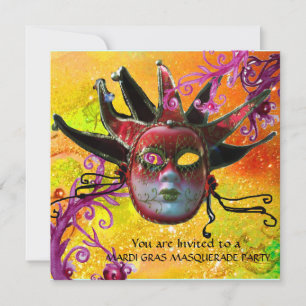 Invitación MÁSCARA DE JESTER NEGRO Y ROJO, Fiesta de Mascarad