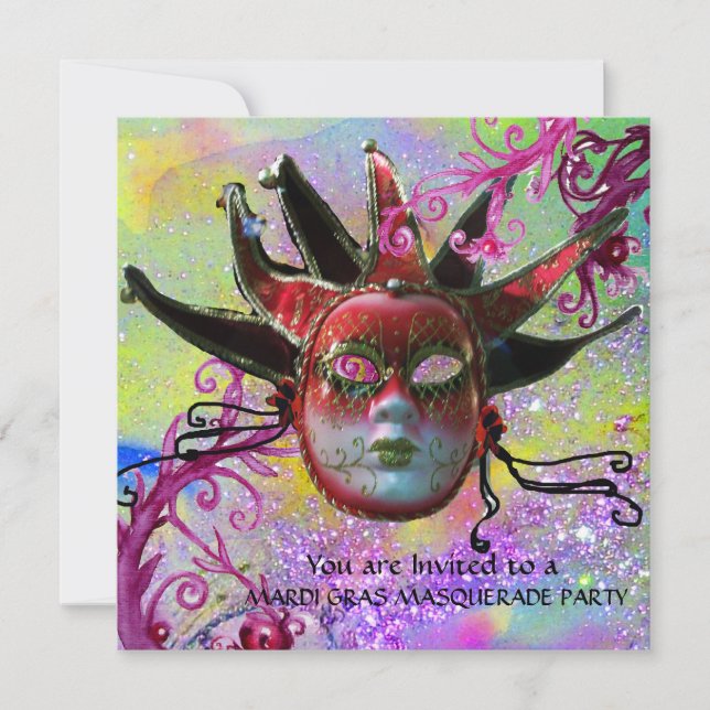 Invitación MÁSCARA DE JESTER NEGRO Y ROJO, Fiesta de Mascarad (Anverso)