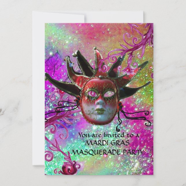 Invitación MÁSCARA DE JESTER ROJO NEGRO ,Fiesta de Disfraces  (Anverso)
