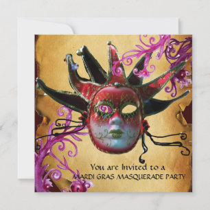 Invitación MÁSCARA DE JESTER ROJO NEGRO, Fiesta de la mascara
