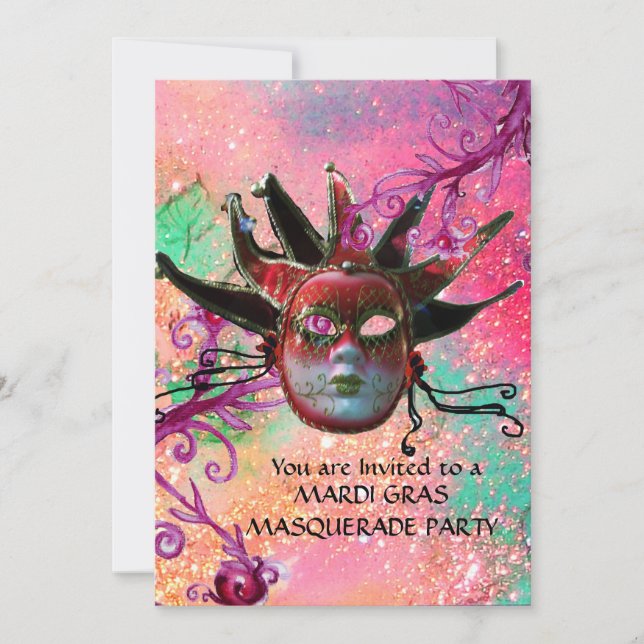 Invitación MÁSCARA DE JESTER ROJO NEGRO, Fiesta de mascarada  (Anverso)