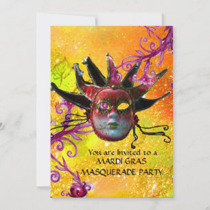 Invitación MÁSCARA DE JESTER ROJO NEGRO, Fiesta de mascarada 