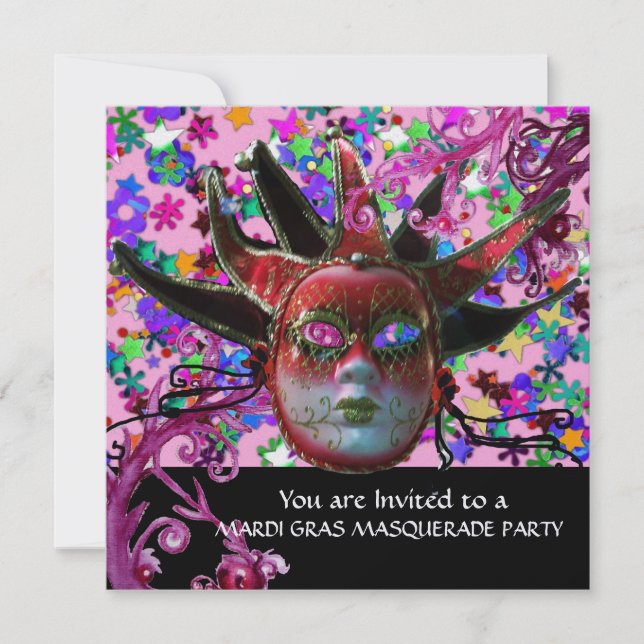 Invitación MÁSCARA DE JESTER ROJO NEGRO, Fiesta de mascarada  (Anverso)