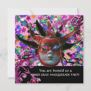 Invitación MÁSCARA DE JESTER ROJO NEGRO, Fiesta de mascarada 