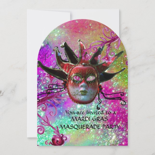 Invitación MÁSCARA DE JESTER ROJO NEGRO, Fiesta de Mascaradas (Anverso)