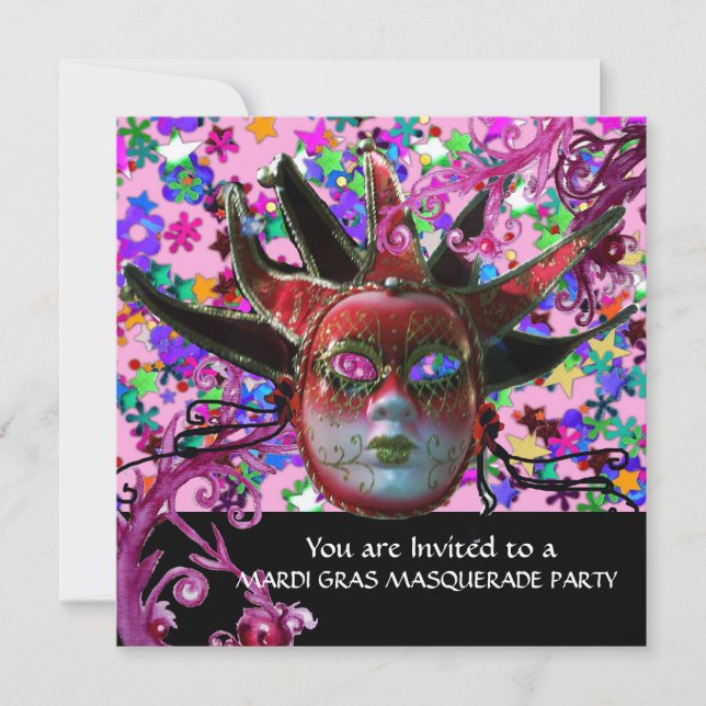 Invitación MÁSCARA DE JESTER ROJO NEGRO, Fiesta de Mascaradas (Anverso)