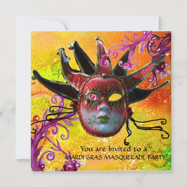 Invitación MÁSCARA DE JESTER ROJO NEGRO, Fiesta de Mascaradas (Anverso)