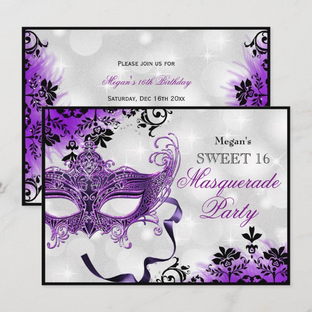 Invitación Máscara de joya y damasco Fiesta de dulces diecisé (Anverso / Reverso)
