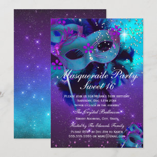 Invitación Máscara de joyas de plumas púrpura turquesa Invita