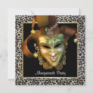 Invitación Máscara de Leopardo Negra y Dorada Fiesta de Disfr