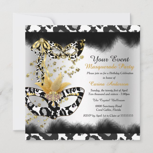 Invitación Máscara de Leopardo Negro Oro Fiesta de Cumpleaños (Anverso)