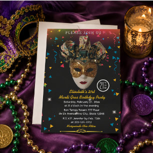 Invitación Máscara de Mardi Gras Cumpleaños 21