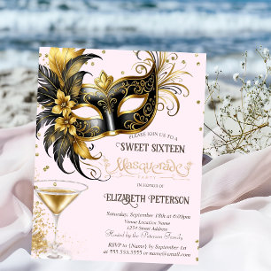 Invitación Máscara de Mardi Gras Diamantes Champán Dulces 16 