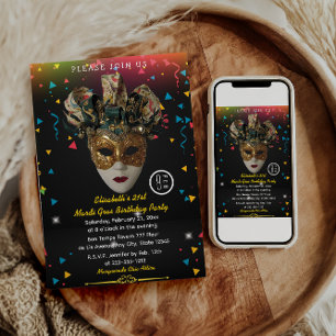 Invitación Máscara de Mardi Gras Fiesta de cumpleaños 21